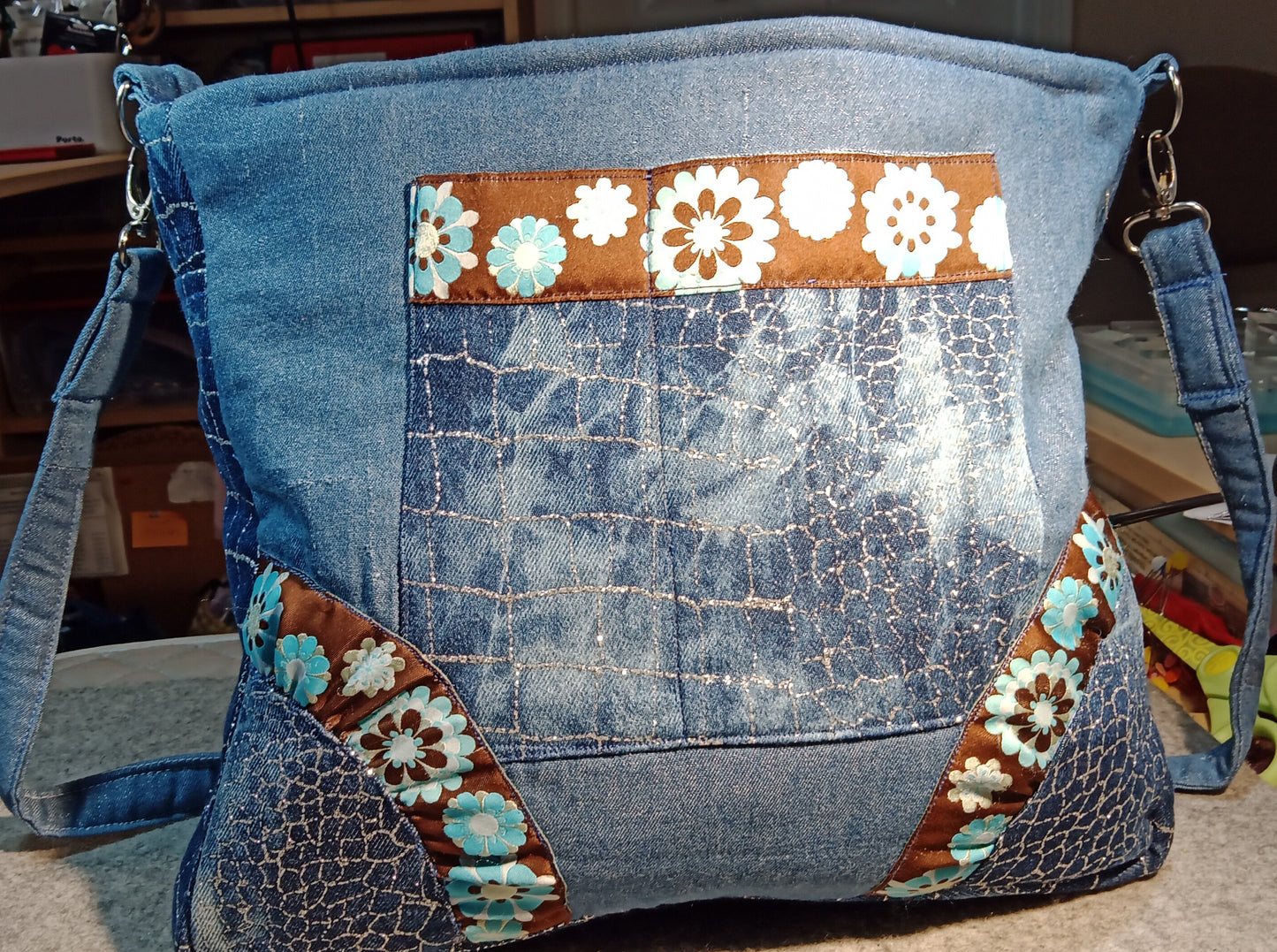 9403 Jeans N Blue Flowered Trims Bag