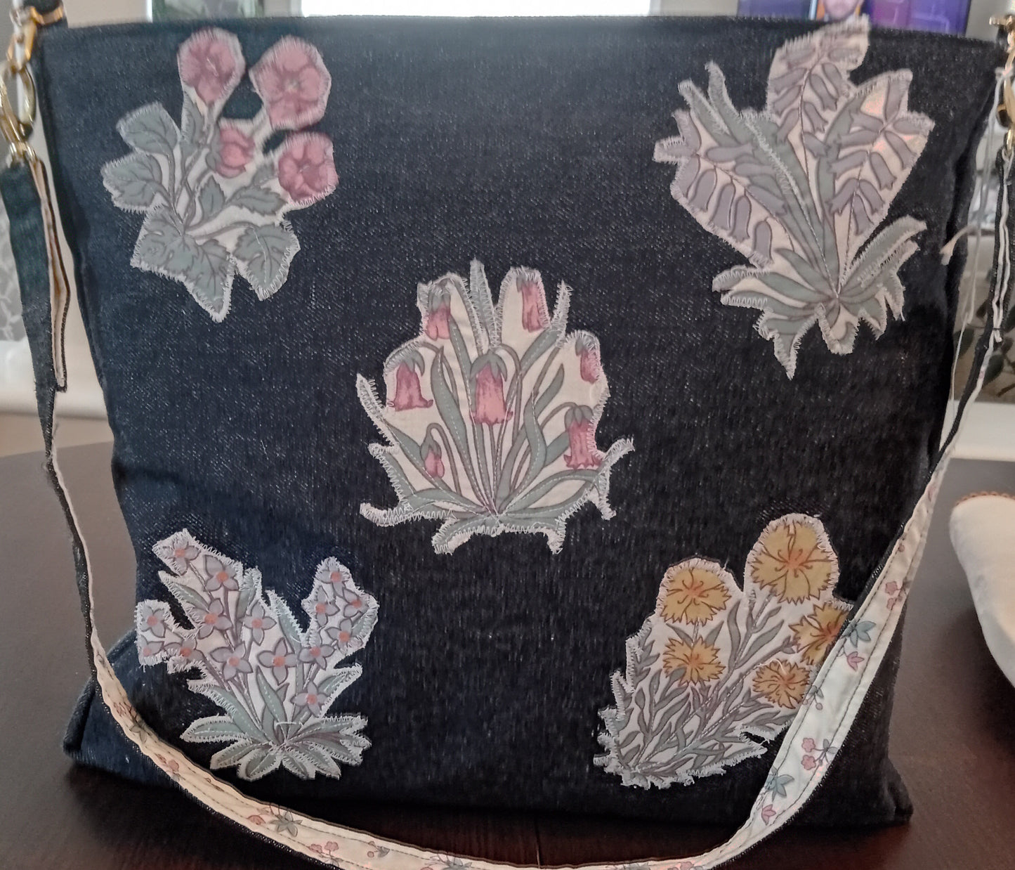 9408 Black Jean Material N Flowers Bag