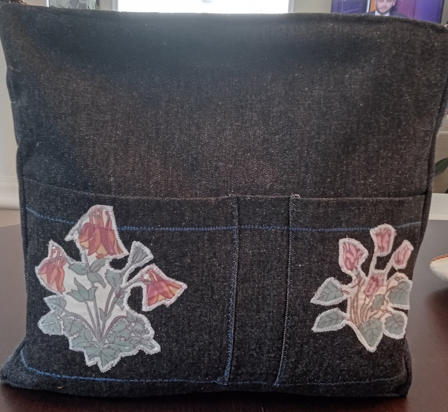 9408 Black Jean Material N Flowers Bag