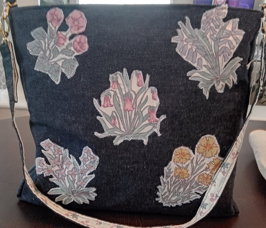 9408 Black Jean Material N Flowers Bag
